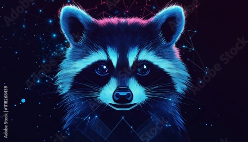 Close-up illustration of a raccoon face showcasing intricate digital design, representing the theme of Animal Digital Evolution background. photo