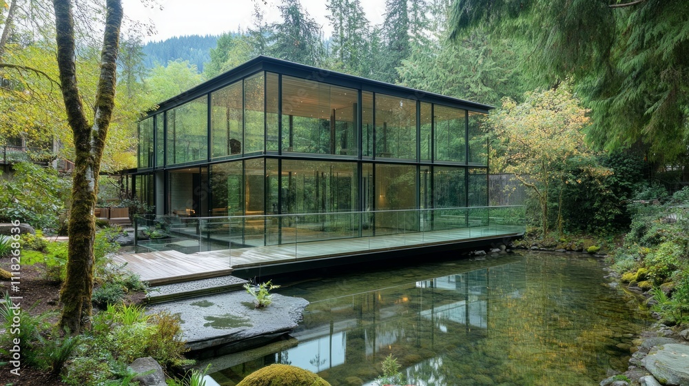 Obraz premium Modern glass house nestled in lush forest landscape with pond reflection.
