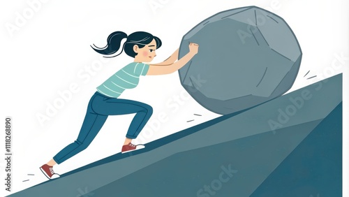 Overwhelmed Woman Struggles to Push a Large Boulder Uphill Under Pressure. Generative AI