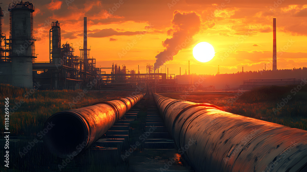 Sunset over industrial landscape with pipelines and smokestacks in silhouette near refinery Sunset over industrial landscape with pipelines and smokestacks in silhouette near refinery
