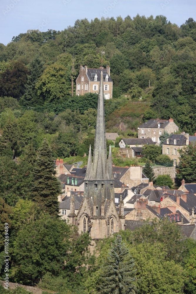 view of the town of Fougeres and Saint Sulpice church, France