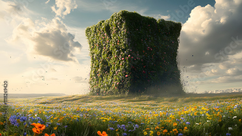 Verdant cube surrounded by a meadow of wildflowers in a bright landscape during the day