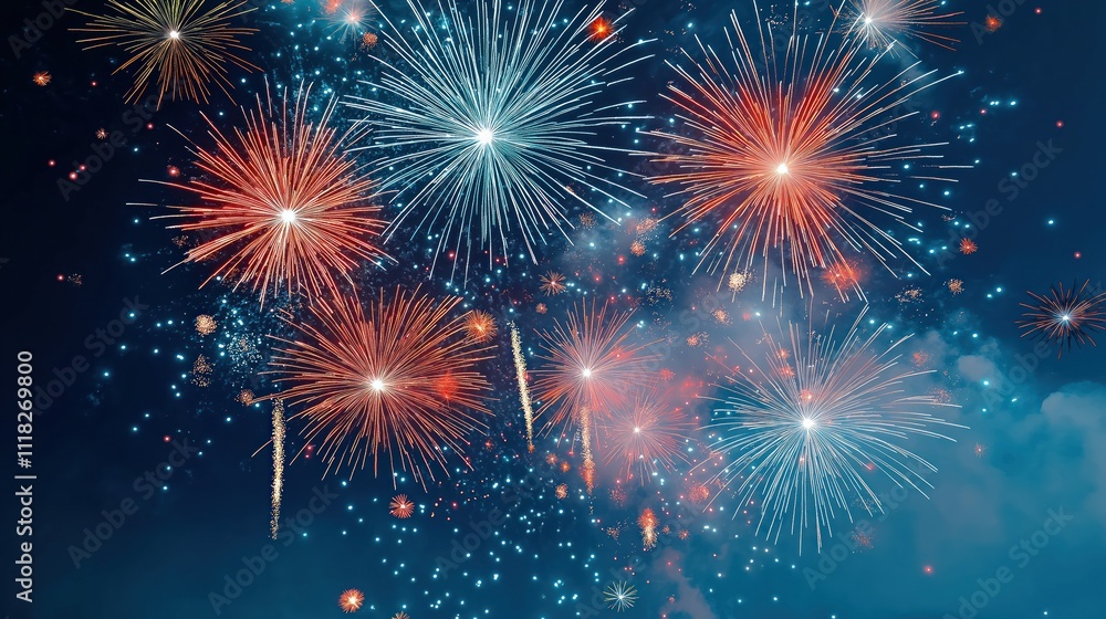 Fototapeta premium Colorful fireworks display in night sky. Explosions of light, color create festive atmosphere. Perfect for celebration events like New Year 4th of July. Abstract design in vibrant hues. Digital art