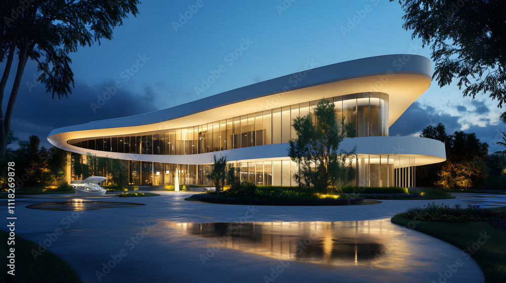 Modern architectural design illuminated at dusk in a landscaped setting with reflective surfaces Modern architectural design illuminated at dusk in a landscaped setting with reflective surfaces