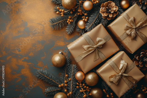 Three gold boxes with ribbons on top of a table with a lot of gold decorations photo