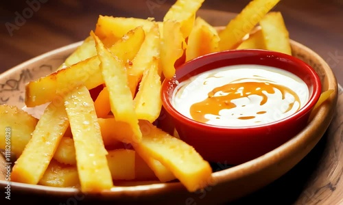 A bowl of golden fries served with a creamy dipping sauce.