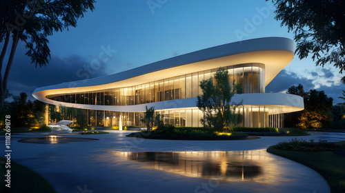 Modern architectural design illuminated at dusk in a landscaped setting with reflective surfaces