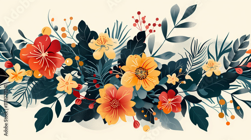 Blooming flowers and leaves, with a mix of detailed and minimalist elements, in a harmonious color palette.