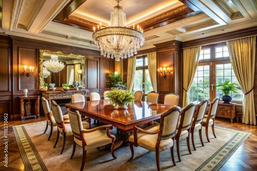 A large, elegant dining room with a long table and many chairs