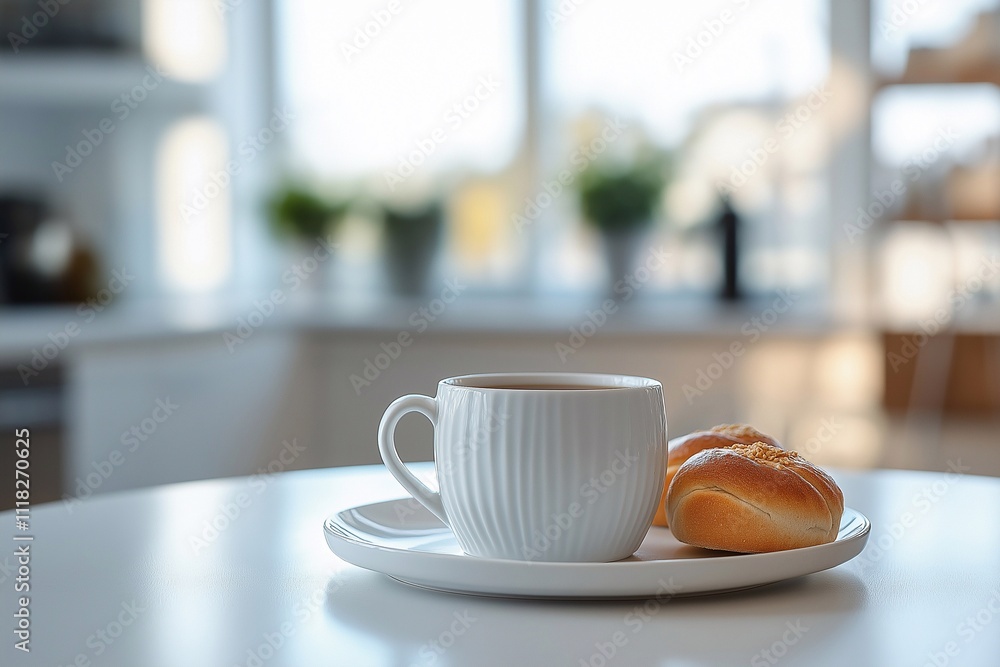 cup of coffee and bun on a table,breakfast cup of coffee and bun on a table,breakfast