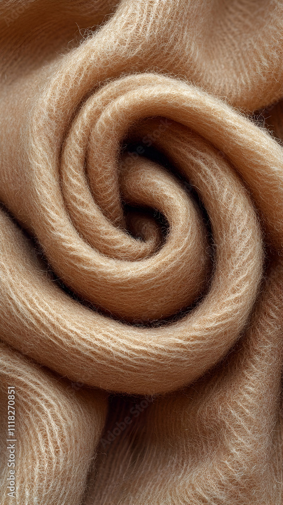 Close-up of a soft, beige fabric swirled into a rose shape. Close-up of a soft, beige fabric swirled into a rose shape.