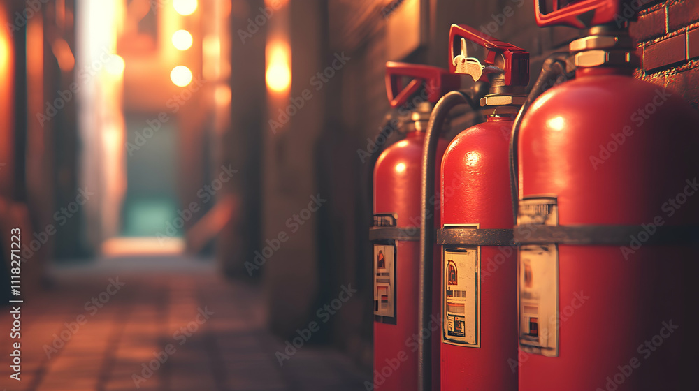 Row of red fire extinguishers in industrial setting with warm lighting Row of red fire extinguishers in industrial setting with warm lighting