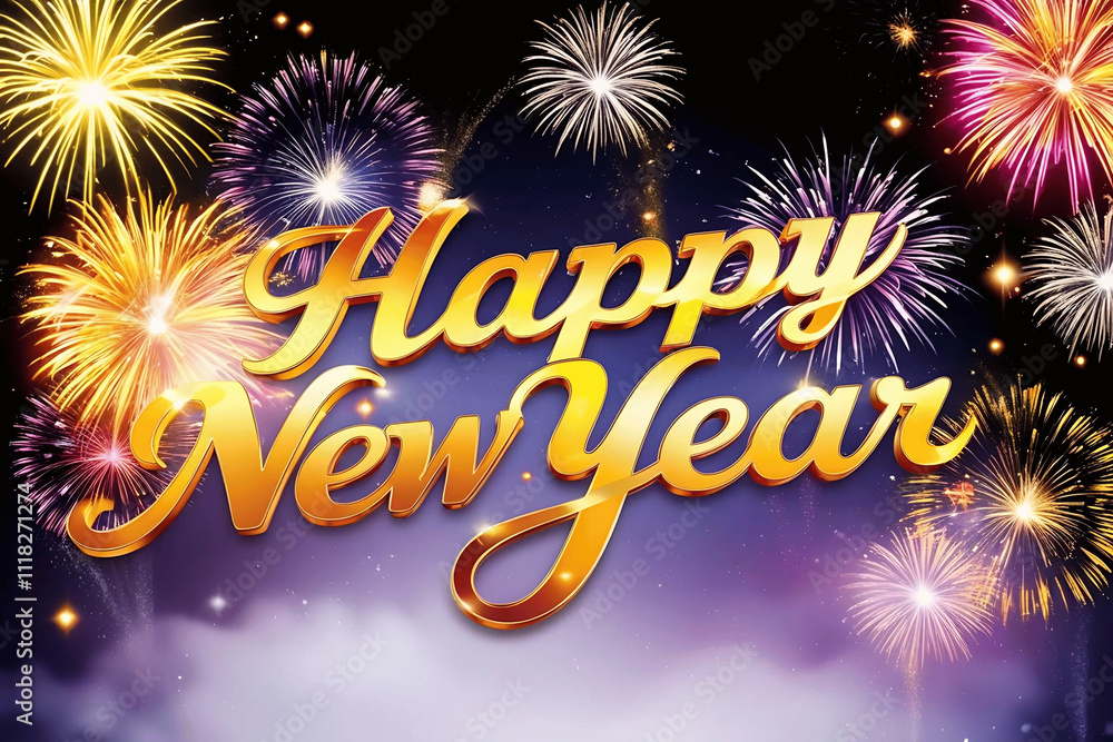 Vibrant 2025 New Year Celebration with Gold Lettering, Fireworks, and Festive Glow Effects Vibrant 2025 New Year Celebration with Gold Lettering, Fireworks, and Festive Glow Effects