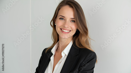 Confident Businesswoman in Tailored Blazer with Warm Smile and Professional Look