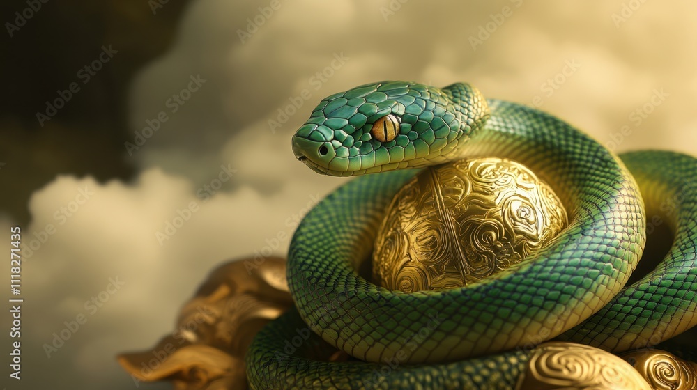 Fototapeta premium Little green snake on a golden egg