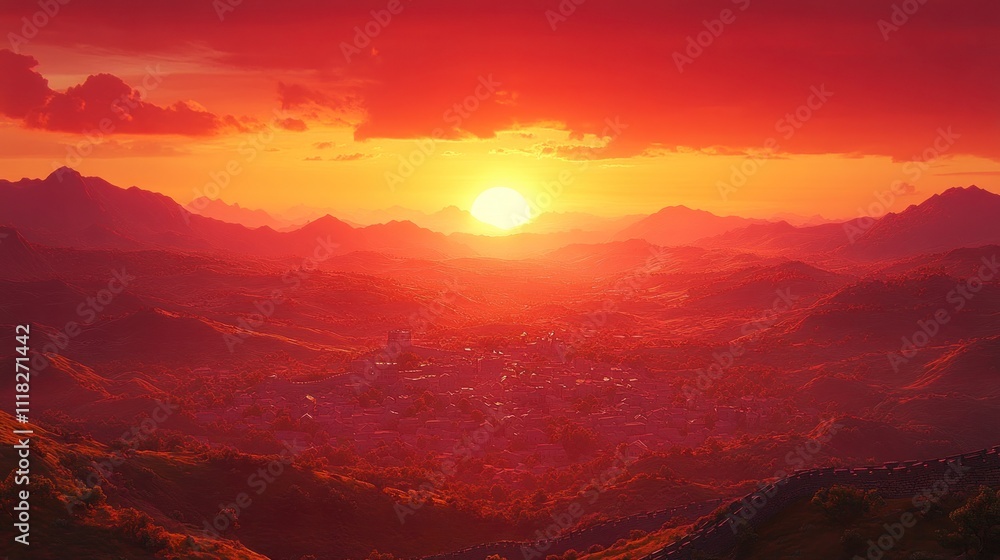 Epic sunset over a valley town nestled in vibrant, reddish mountains. Epic sunset over a valley town nestled in vibrant, reddish mountains.