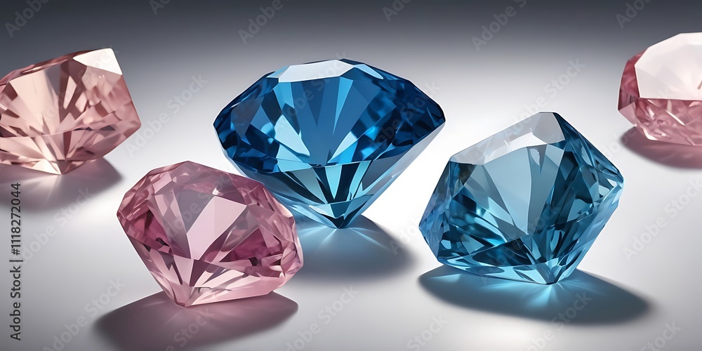 Close-Up of Assorted Faceted Blue and Pink Gemstones on Glossy Surface Close-Up of Assorted Faceted Blue and Pink Gemstones on Glossy Surface