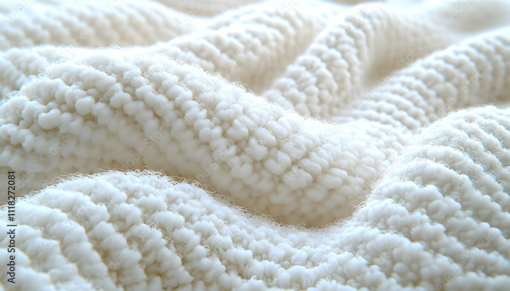 Close-up of soft, textured, white knitted fabric with waves and folds. Close-up of soft, textured, white knitted fabric with waves and folds.