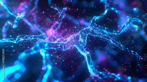 An abstract background featuring a complex network of glowing neural pathways in vivid blue and purple hues