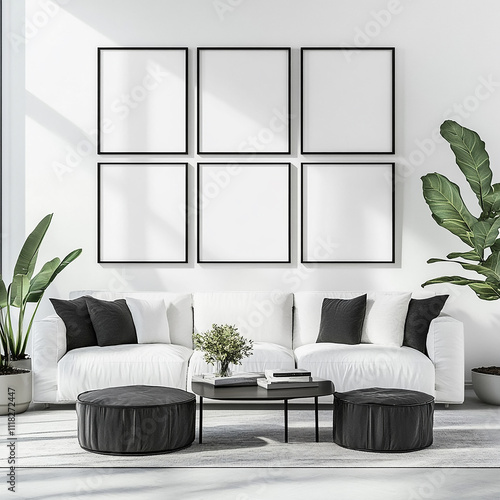 A white wall with six blank poster frames in different sizes