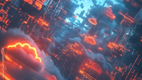 Cloud icons are suspended amidst a dynamic, high-tech landscape, displaying a blend of bright colors and intricate digital patterns, evoking a sense of innovation and advanced technology