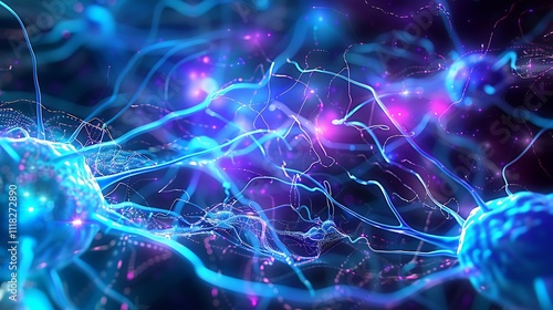 An abstract background featuring a complex network of glowing neural pathways in vivid blue and purple hues