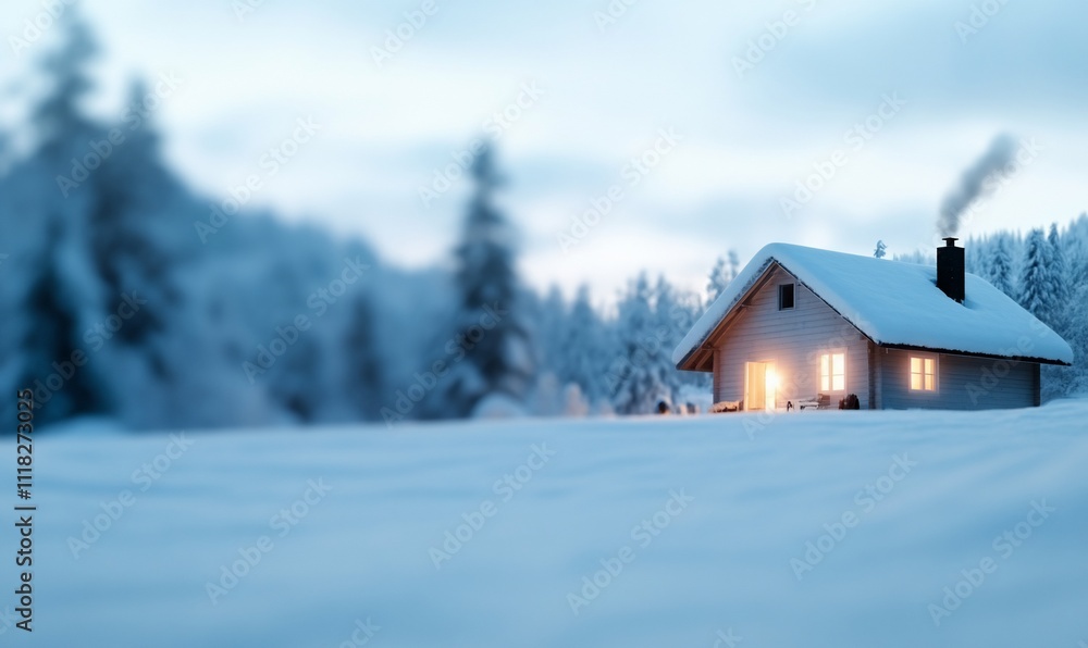 A cozy cabin in a snowy landscape with warm glowing windows. A cozy cabin in a snowy landscape with warm glowing windows.