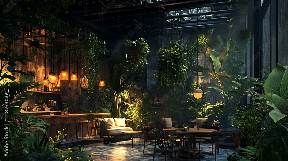Lush indoor jungle bar & lounge with hanging plants, warm lighting, and rustic furniture. Lush indoor jungle bar & lounge with hanging plants, warm lighting, and rustic furniture.