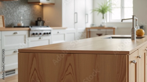 Clean wooden countertop with detailed natural grain, softly lit by diffused daylight, with blurred modern kitchen elements and small green plants in the background for a calm, professional look.
