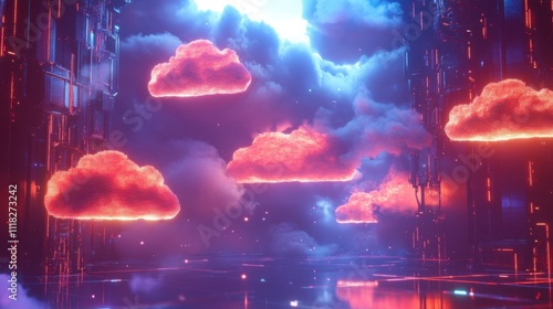 Floating cloud icons are illuminated in a vibrant high-tech atmosphere, showcasing a blend of digital elements and glowing neon colors. The environment appears lively and immersive