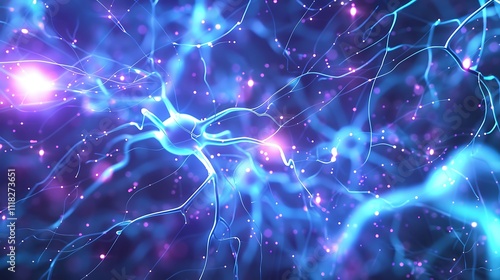 An abstract background featuring a complex network of glowing neural pathways in vivid blue and purple hues