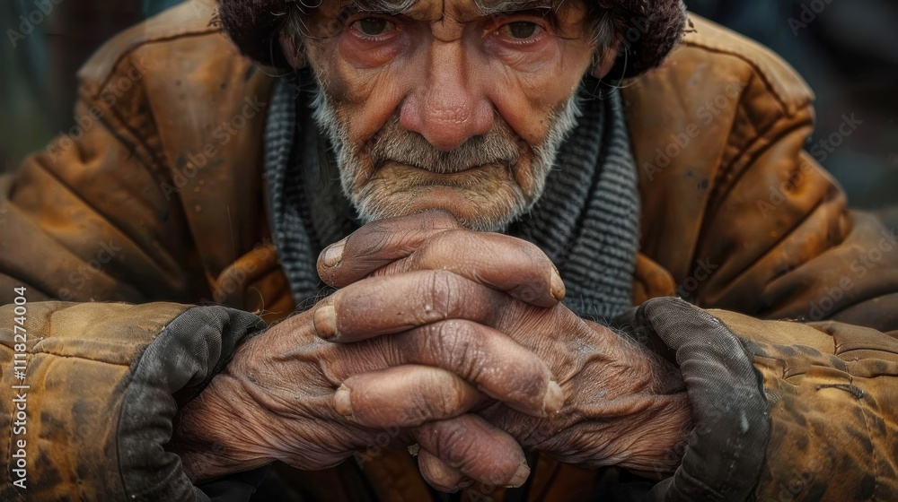 Man deep in thought with hands clasped, showing wisdom and experience in his expression Man deep in thought with hands clasped, showing wisdom and experience in his expression