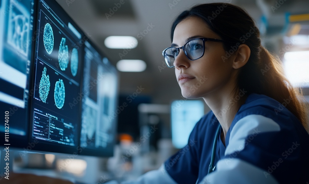 A focused woman analyzing brain scans on computer screens. A focused woman analyzing brain scans on computer screens.