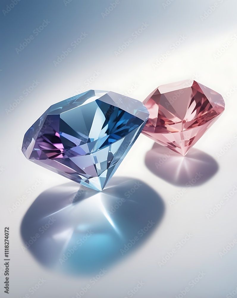 Close-Up of Assorted Faceted Blue and Pink Gemstones on Glossy Surface Close-Up of Assorted Faceted Blue and Pink Gemstones on Glossy Surface