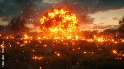 Fiery explosion in a field at sunset.