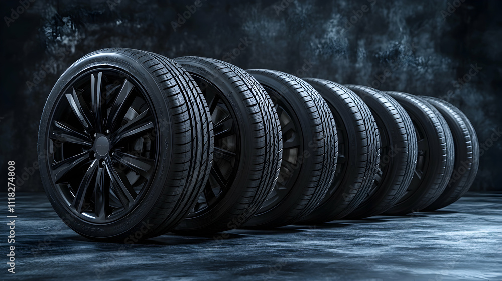 Row of black car tires with alloy rims on a dark studio background Row of black car tires with alloy rims on a dark studio background