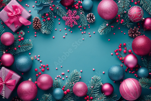 A blue background with a pink and blue Christmas tree with many pink