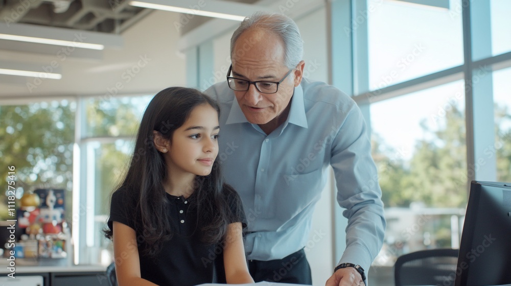 A man assists a girl with her work at a modern office setting. A man assists a girl with her work at a modern office setting.
