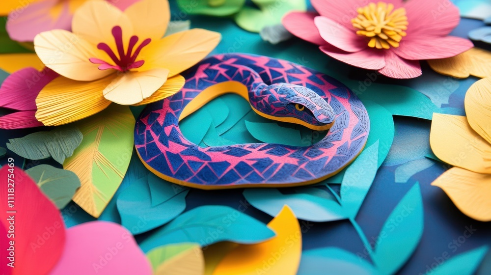 2025 Year of the Snake paper-cut cartoon illustration of the flower snake lying on the leaves 2025 Year of the Snake paper-cut cartoon illustration of the flower snake lying on the leaves