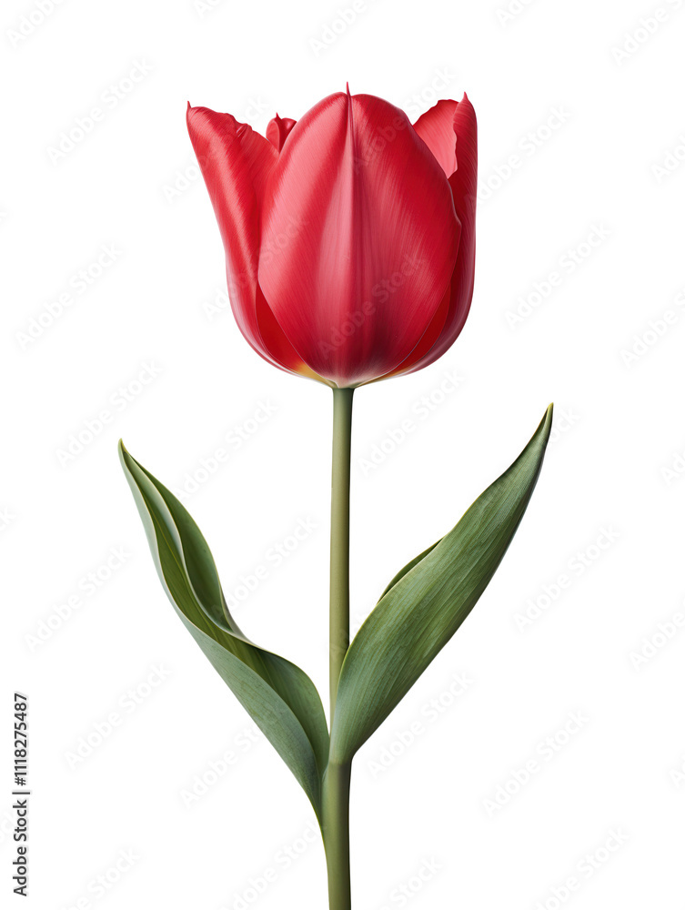 Single Red Tulip Bloom, Spring Flower, Isolated White Background Single Red Tulip Bloom, Spring Flower, Isolated White Background