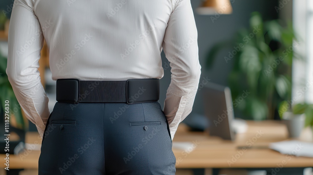 Support Belt and Back Pain Concept, Elegant Back Support Belt Designed for Formal Wear with Sleek Style in Modern Office Setting Support Belt and Back Pain Concept, Elegant Back Support Belt Designed for Formal Wear with Sleek Style in Modern Office Setting