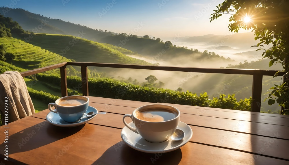 Two cups of steaming hot coffee on a wooden table, overlooking a beautiful view of a sprawling green tea plantation in the morning sun. Two cups of steaming hot coffee on a wooden table, overlooking a beautiful view of a sprawling green tea plantation in the morning sun.