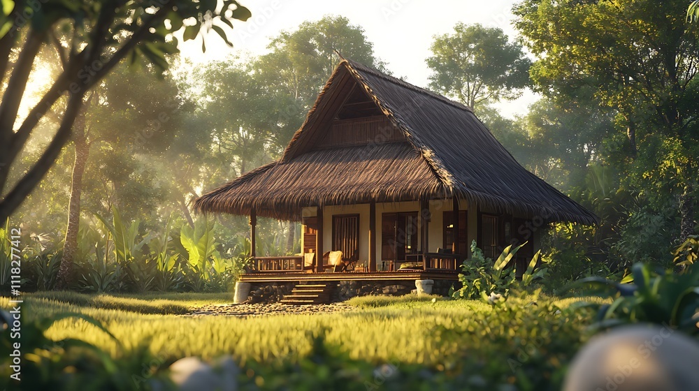 Tropical hut sunrise in lush green jungle landscape. Tropical hut sunrise in lush green jungle landscape.