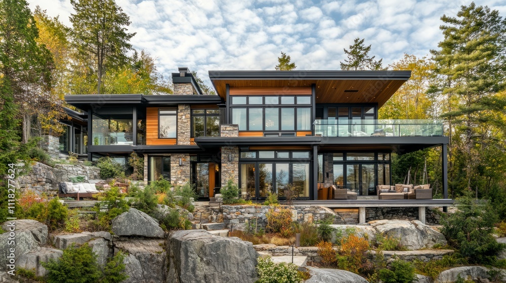 Modern luxury home with stone exterior, large windows, and expansive deck nestled in a rocky landscape. Modern luxury home with stone exterior, large windows, and expansive deck nestled in a rocky landscape.
