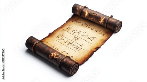 Ancient magic scroll with orange glowing runes on a white background