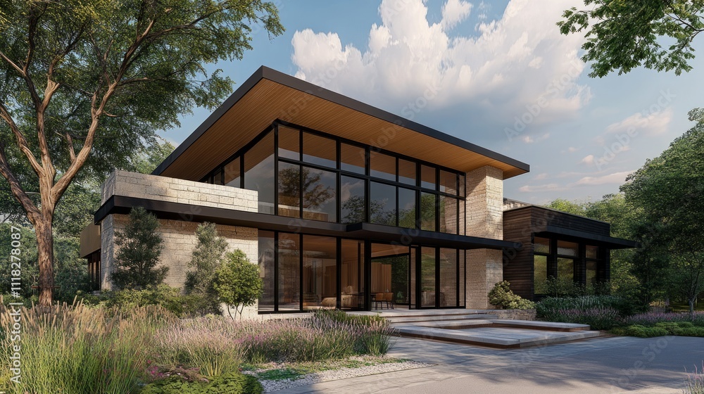 Modern luxury home with large windows, stone exterior, and landscaped yard. Modern luxury home with large windows, stone exterior, and landscaped yard.