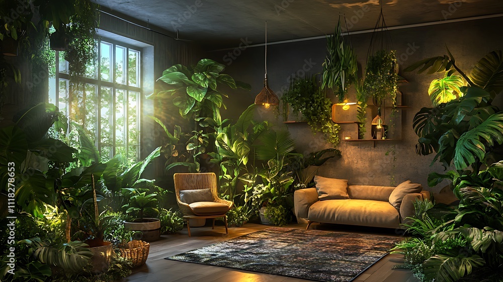 Sunlit living room filled with lush greenery, plants, and comfy seating. Sunlit living room filled with lush greenery, plants, and comfy seating.