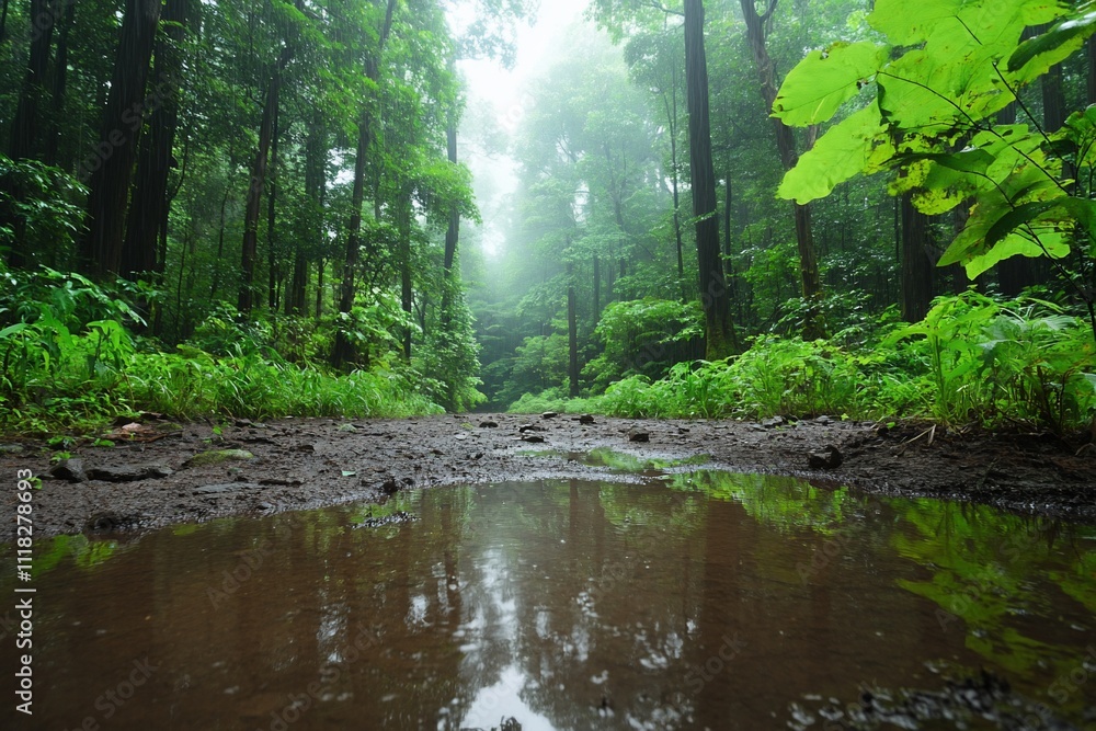 A serene forest path surrounded by lush greenery and mist. A serene forest path surrounded by lush greenery and mist.