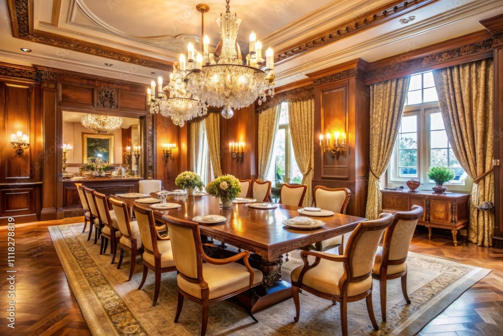 Ornate dining room with an opulent chandelier and elegant furniture Ornate dining room with an opulent chandelier and elegant furniture