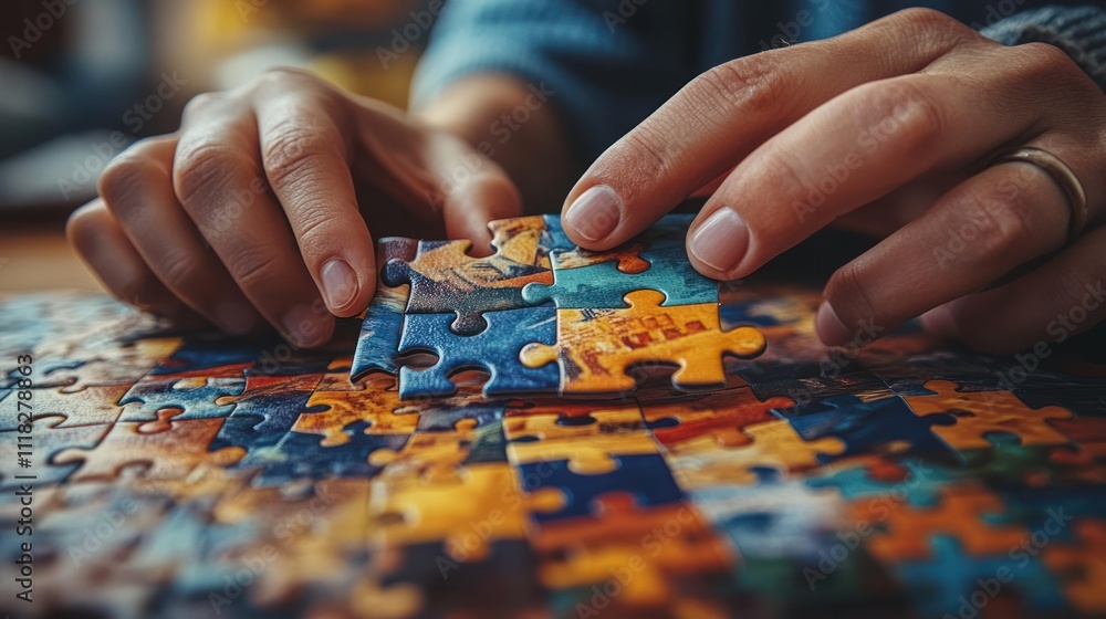 Close-up of hands assembling colorful jigsaw puzzle pieces. Close-up of hands assembling colorful jigsaw puzzle pieces.